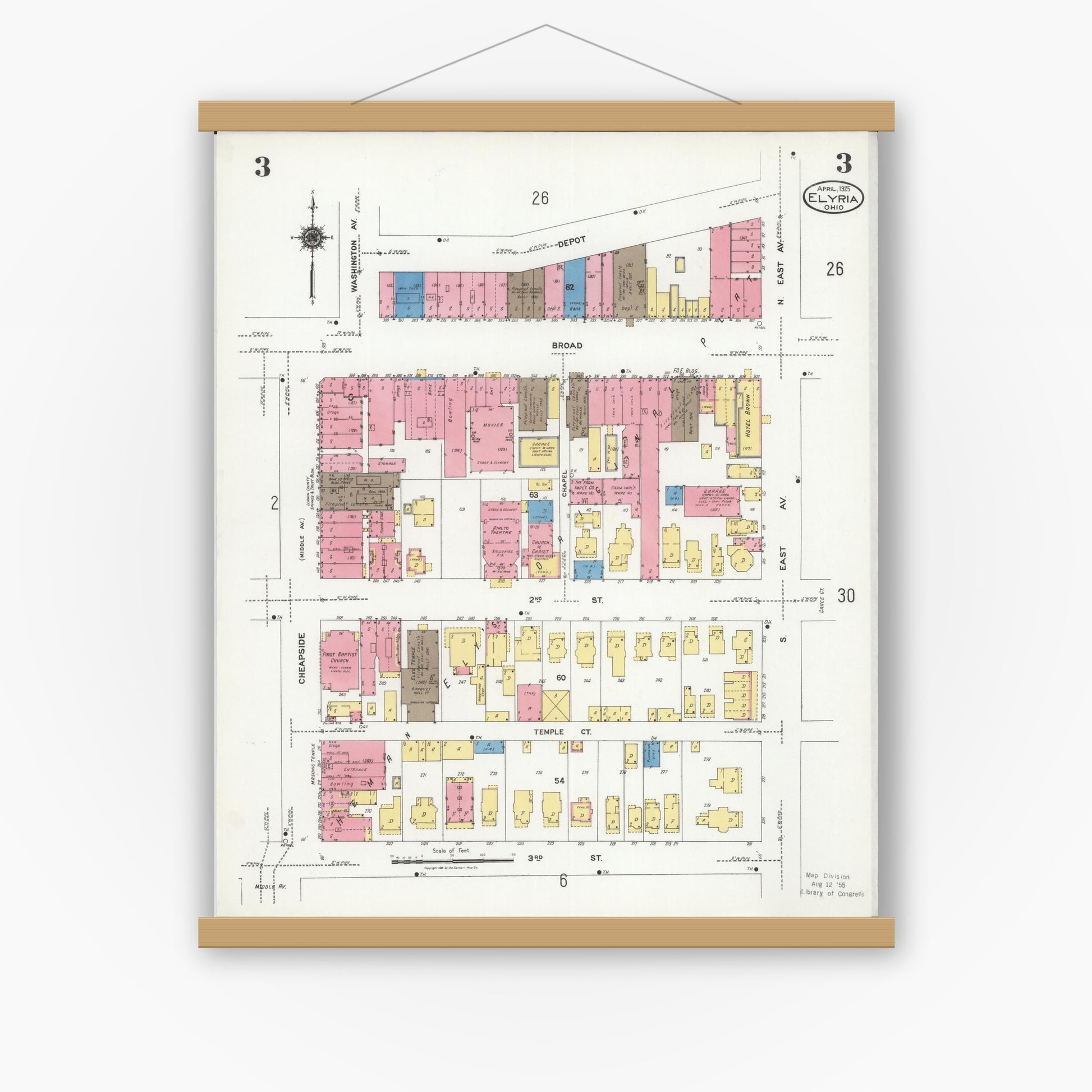 Old map wall art mockup — magnetic wood frame on white wall — Sanborn Fire Insurance Map from Elyria, Lorain County, Ohio (1925), Sheet #0003