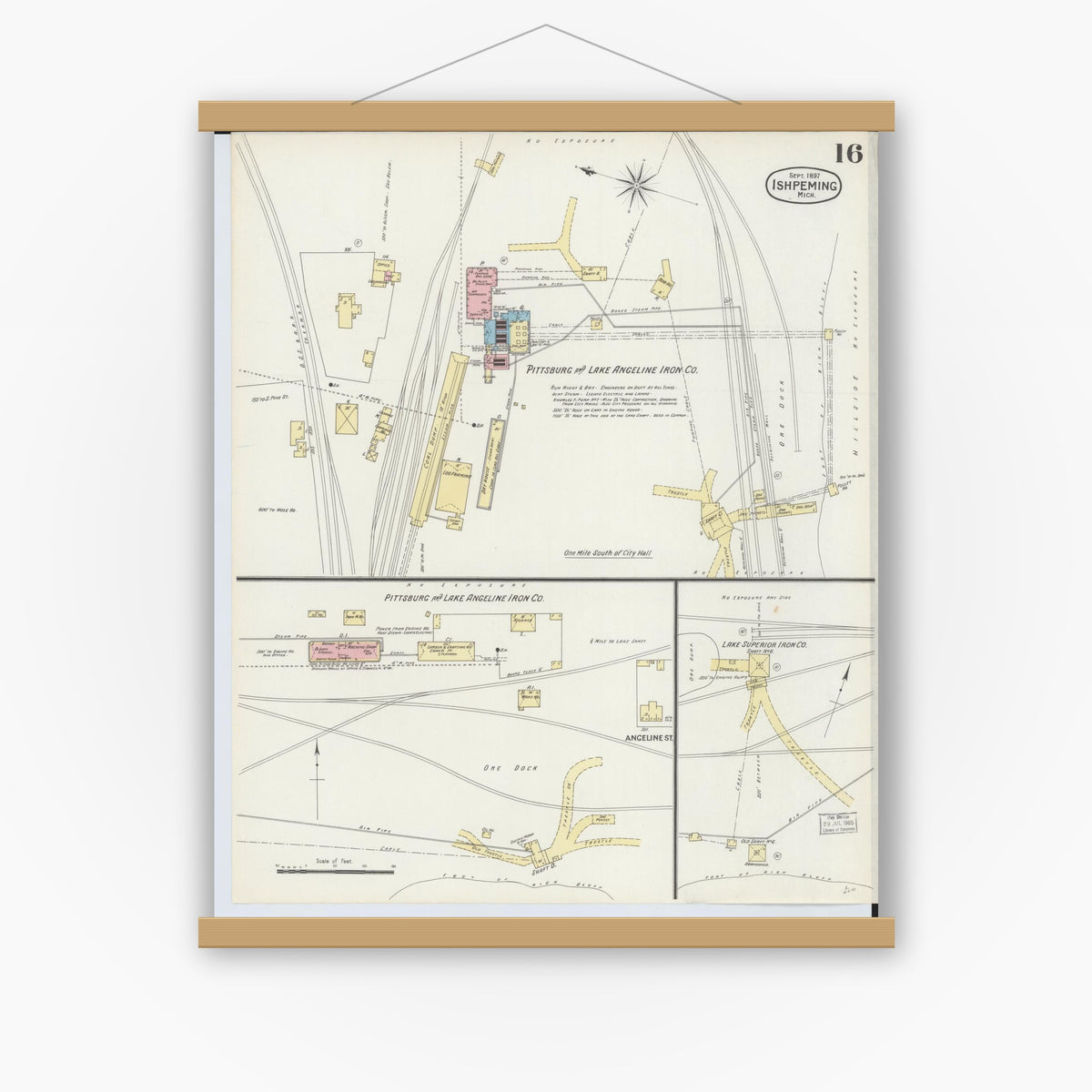 Old map wall art mockup — magnetic wood frame on white wall — Sanborn Fire Insurance Map from Ishpeming, Marquette County, Michigan (1897), Sheet #0016