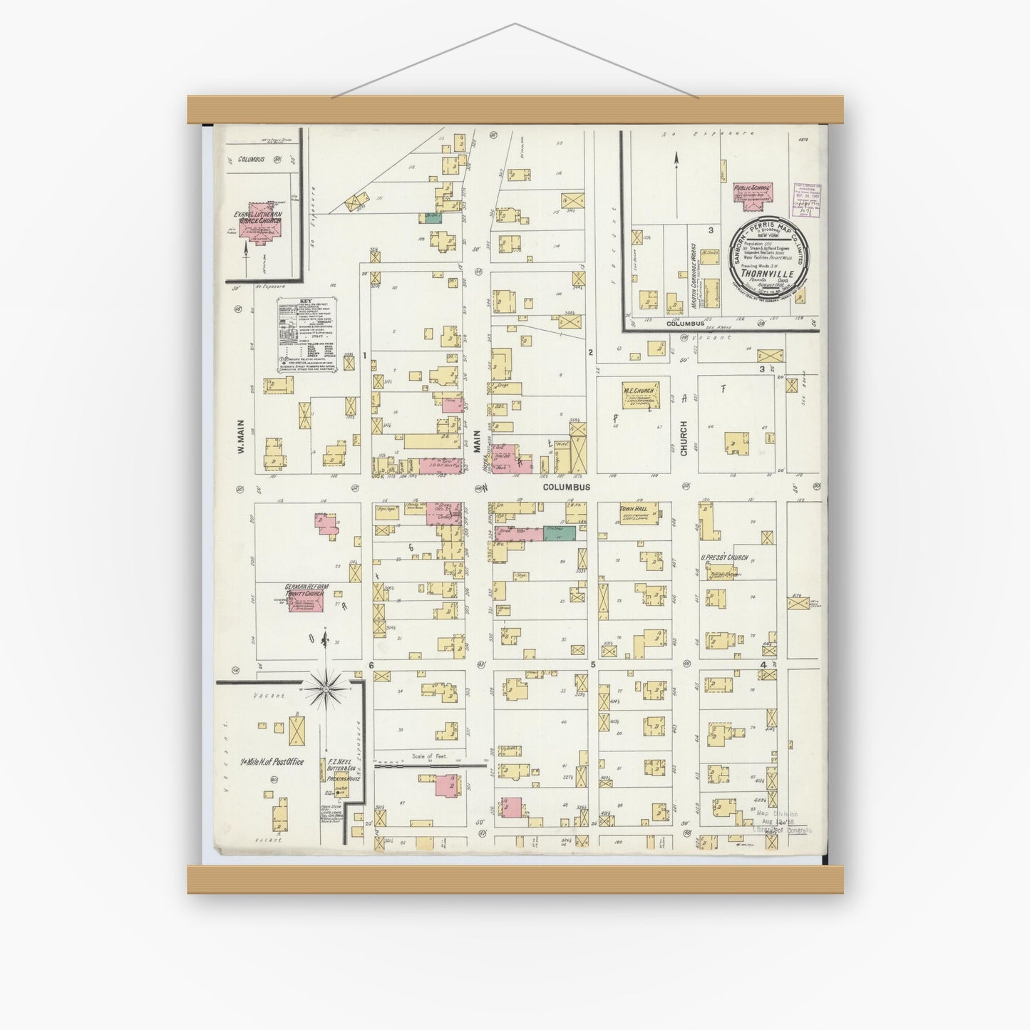 Old map wall art mockup — magnetic wood frame on white wall — Sanborn Fire Insurance Map from Thornville, Perry County, Ohio (1901), Sheet #0001