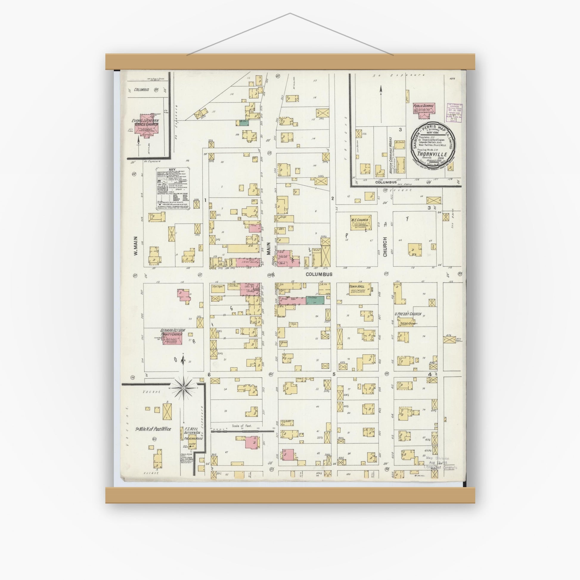 Old map wall art mockup — magnetic wood frame on white wall — Sanborn Fire Insurance Map from Thornville, Perry County, Ohio (1901), Sheet #0001