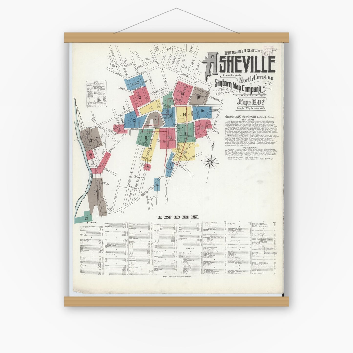 Old map wall art mockup — magnetic wood frame on white wall — Sanborn Fire Insurance Map from Asheville, Buncombe County, North Carolina (1907), Sheet #0001