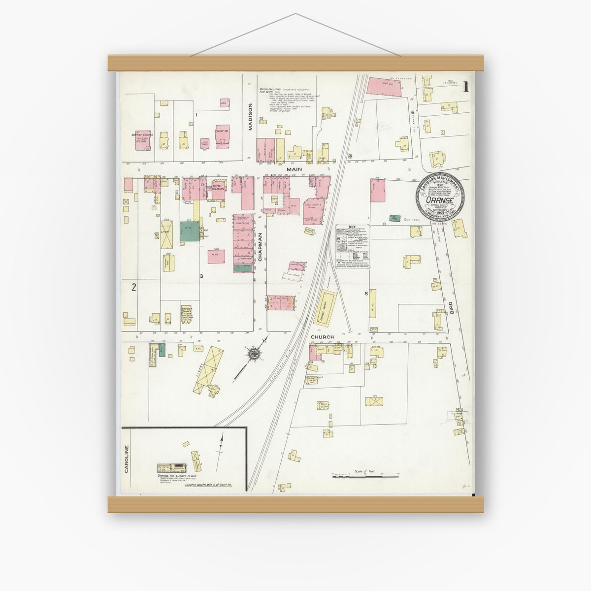 Old map wall art mockup — magnetic wood frame on white wall — Sanborn Fire Insurance Map from Orange, Orange County, Virginia (1909) - Complete Map Set