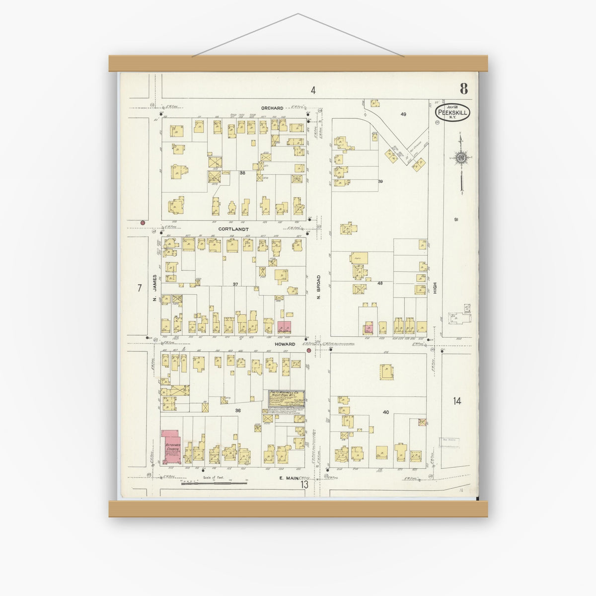 Old map wall art mockup — magnetic wood frame on white wall — Sanborn Fire Insurance Map from Peekskill, Westchester County, New York (1911), Sheet #0008