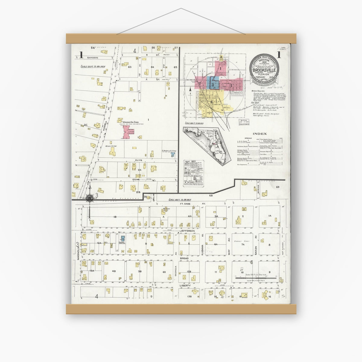 Old map wall art mockup — magnetic wood frame on white wall — Sanborn Fire Insurance Map from Brooksville, Hernando County, Florida (1924), Sheet #0001