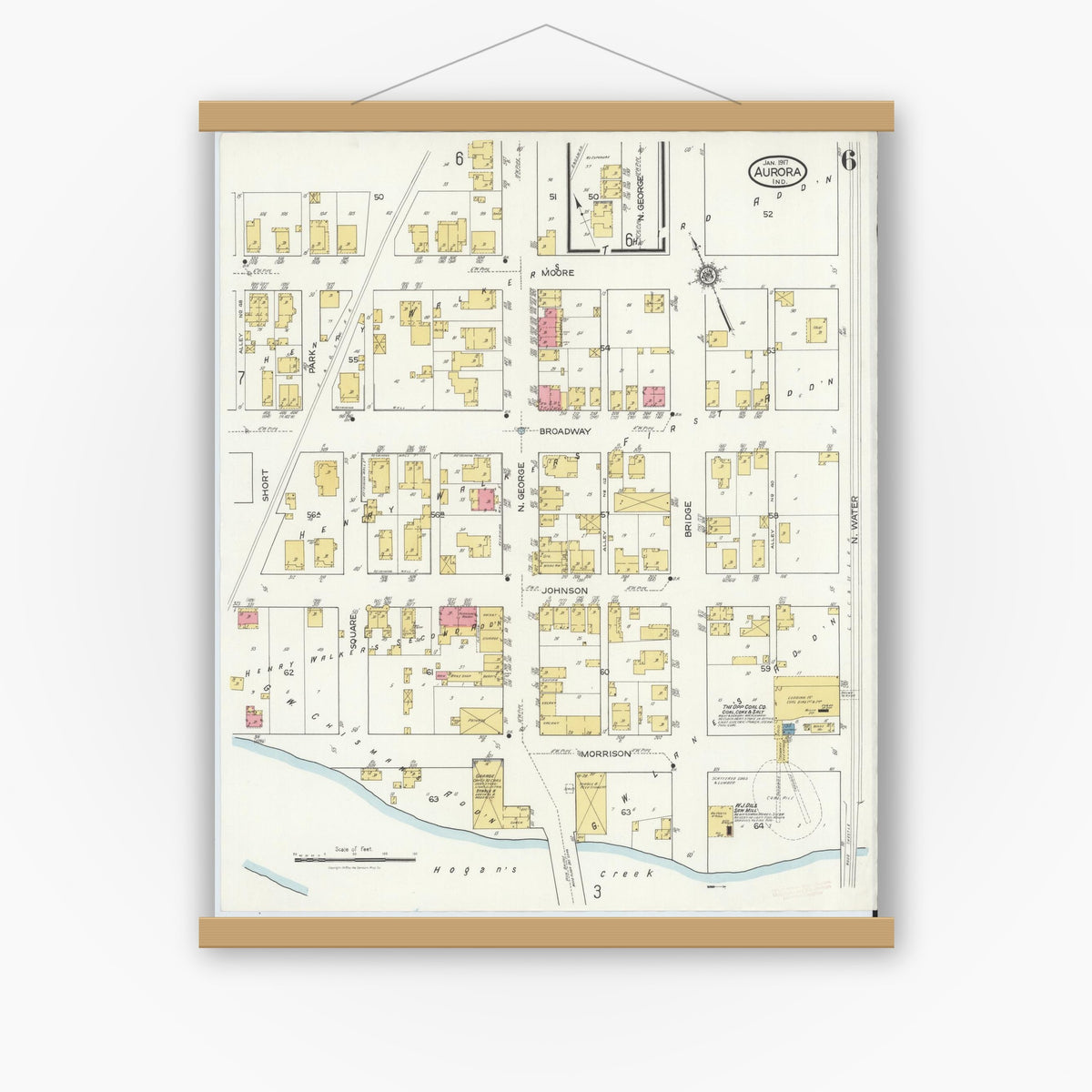 Old map wall art mockup — magnetic wood frame on white wall — Sanborn Fire Insurance Map from Aurora, Dearborn County, Indiana (1917), Sheet #0006