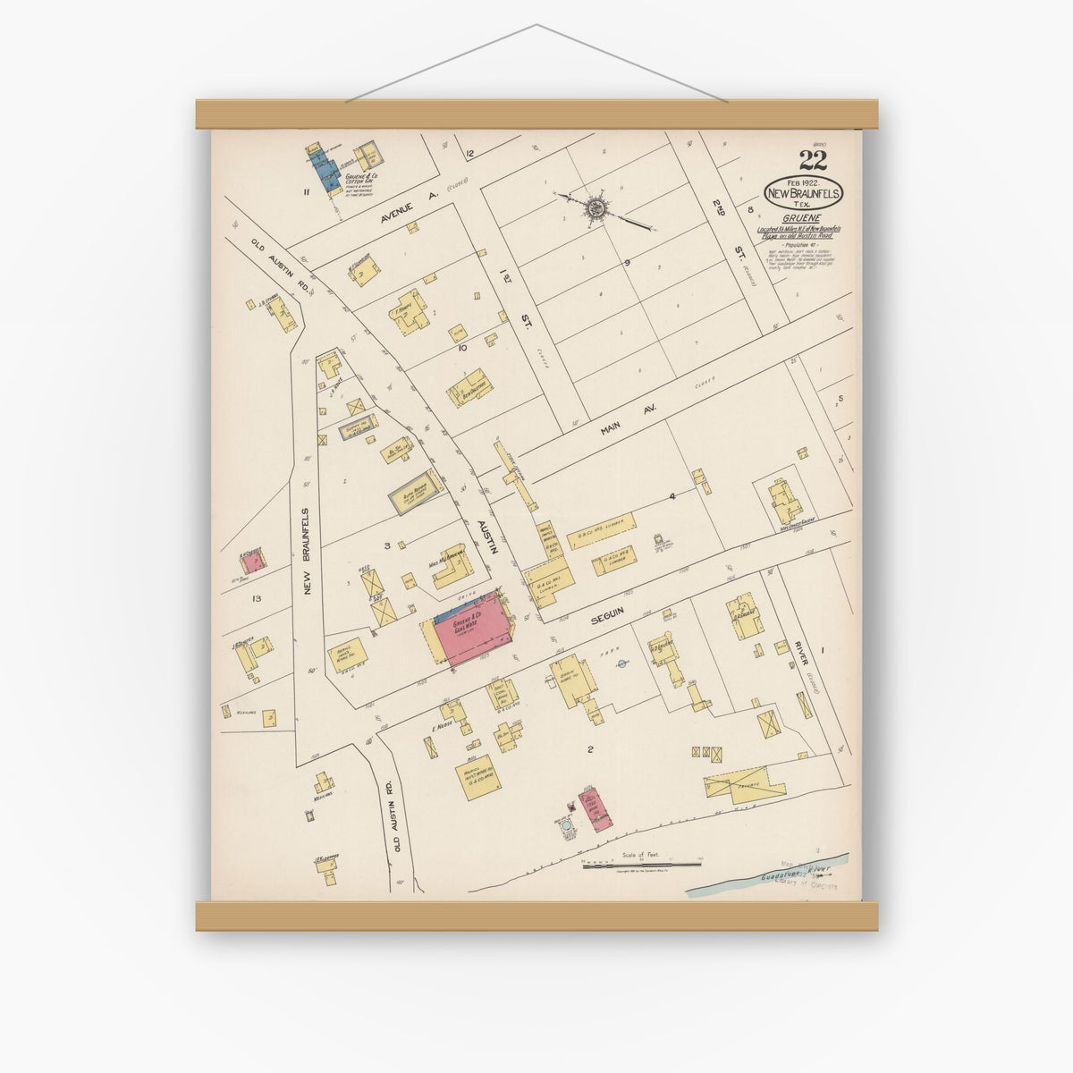 Old map wall art mockup — magnetic wood frame on white wall — Sanborn Fire Insurance Map from New Braunfels, Comal County, Texas (1922), Sheet #0022