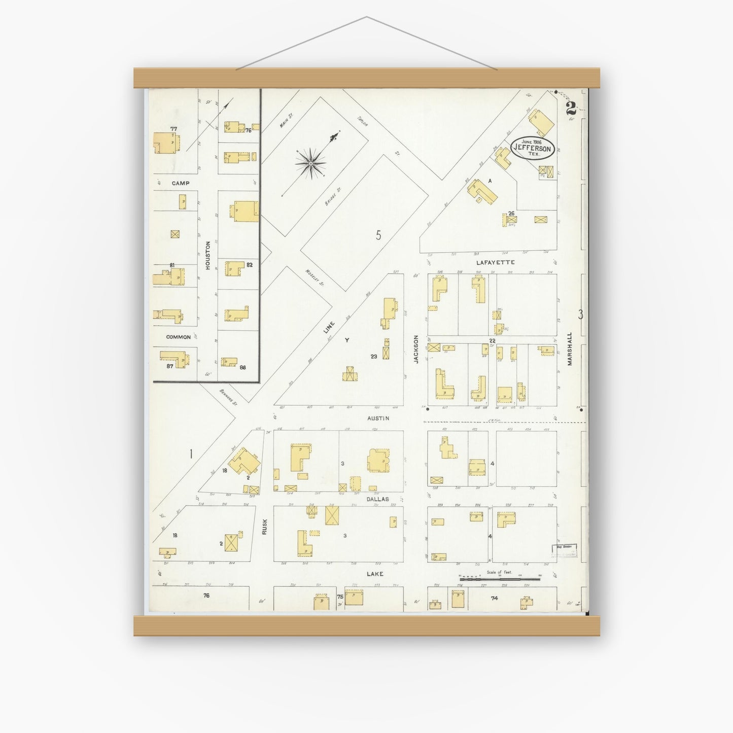Old map wall art mockup — magnetic wood frame on white wall — Sanborn Fire Insurance Map from Jefferson, Marion County, Texas (1906), Sheet #0002