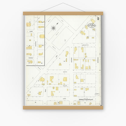 Old map wall art mockup — magnetic wood frame on white wall — Sanborn Fire Insurance Map from Jefferson, Marion County, Texas (1906), Sheet #0002