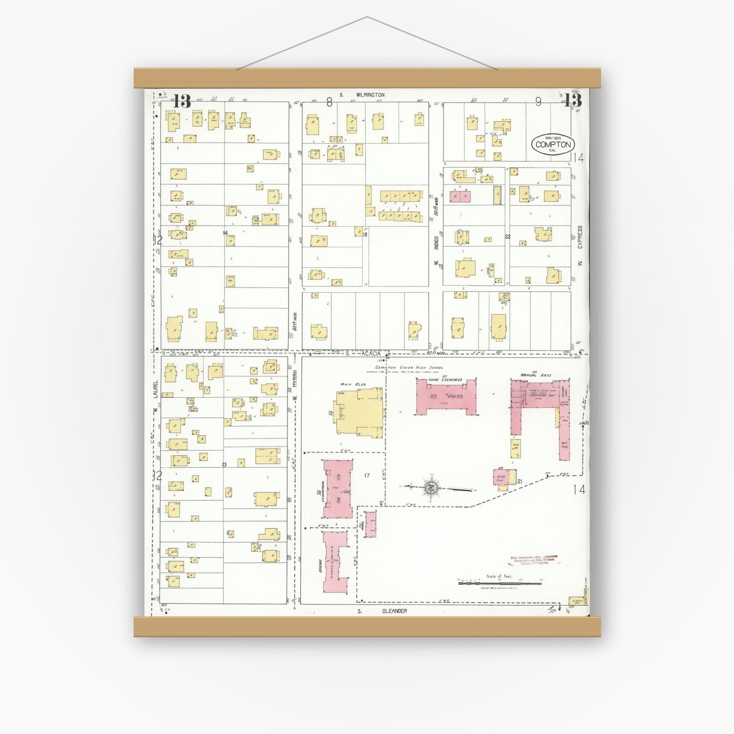 Old map wall art mockup — magnetic wood frame on white wall — Sanborn Fire Insurance Map from Compton, Los Angeles County, California (1925), Sheet #0013