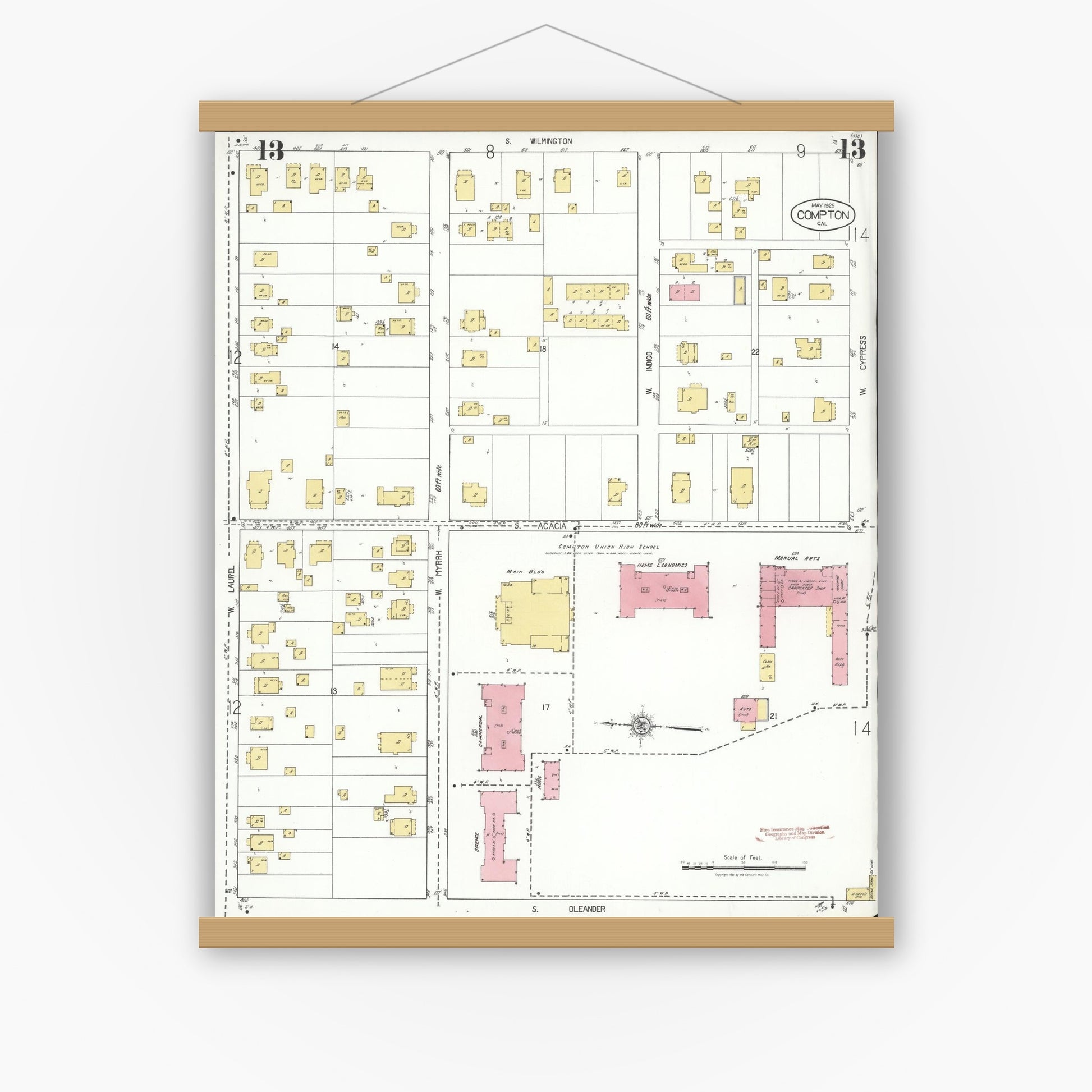 Old map wall art mockup — magnetic wood frame on white wall — Sanborn Fire Insurance Map from Compton, Los Angeles County, California (1925), Sheet #0013