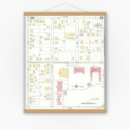 Old map wall art mockup — magnetic wood frame on white wall — Sanborn Fire Insurance Map from Compton, Los Angeles County, California (1925), Sheet #0013