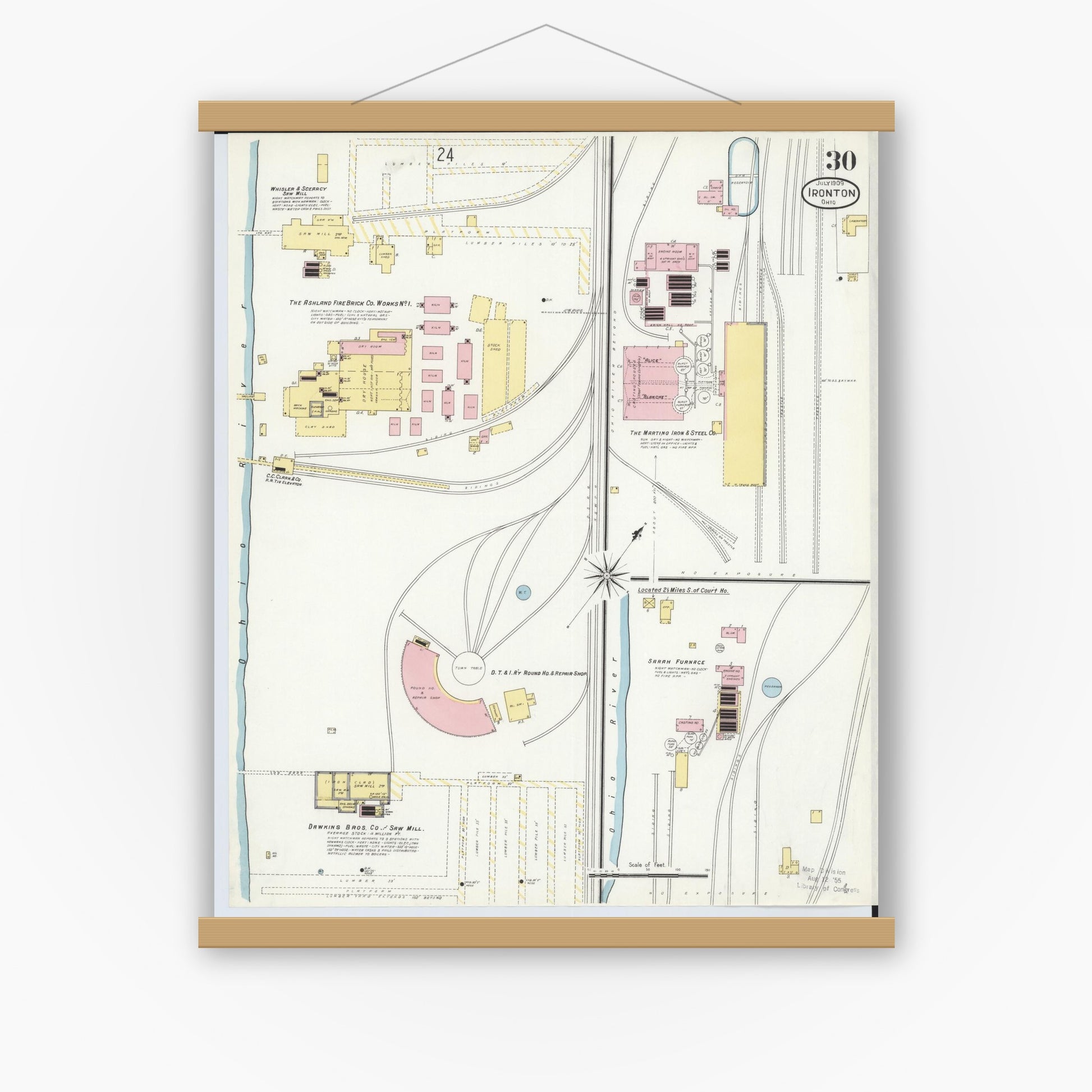 Old map wall art mockup — magnetic wood frame on white wall — Sanborn Fire Insurance Map from Ironton, Lawrence County, Ohio (1909), Sheet #0030