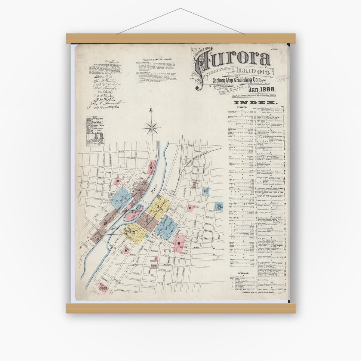 Old map wall art mockup — magnetic wood frame on white wall — Sanborn Fire Insurance Map from Aurora, Kane County, Illinois (1888) - Complete Map Set