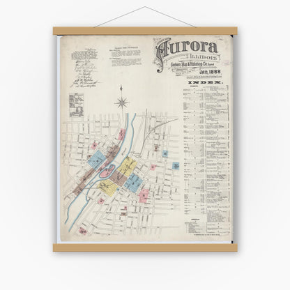 Old map wall art mockup — magnetic wood frame on white wall — Sanborn Fire Insurance Map from Aurora, Kane County, Illinois (1888) - Complete Map Set