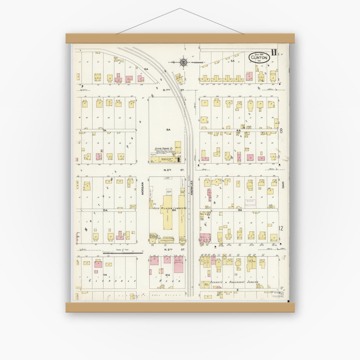 Old map wall art mockup — magnetic wood frame on white wall — Sanborn Fire Insurance Map from Clinton, Vermillion County, Indiana (1910), Sheet #0011
