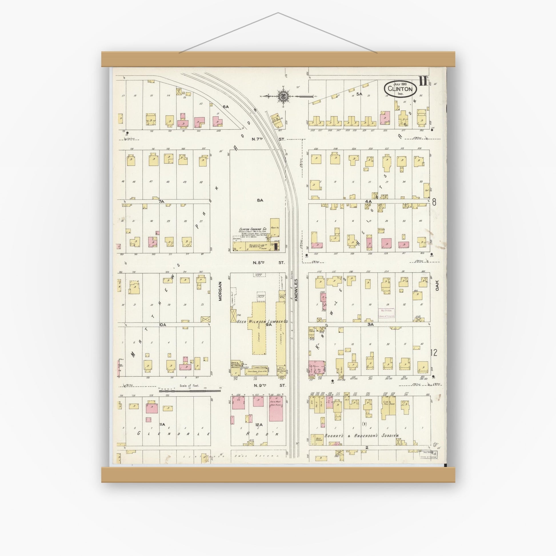 Old map wall art mockup — magnetic wood frame on white wall — Sanborn Fire Insurance Map from Clinton, Vermillion County, Indiana (1910), Sheet #0011