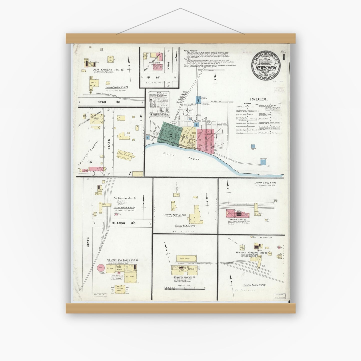 Old map wall art mockup — magnetic wood frame on white wall — Sanborn Fire Insurance Map from Newburgh, Warrick County, Indiana (1910) - Complete Map Set