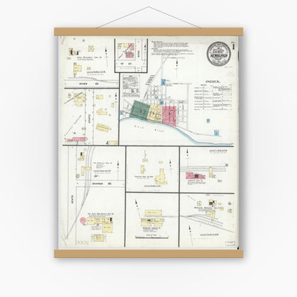 Old map wall art mockup — magnetic wood frame on white wall — Sanborn Fire Insurance Map from Newburgh, Warrick County, Indiana (1910) - Complete Map Set