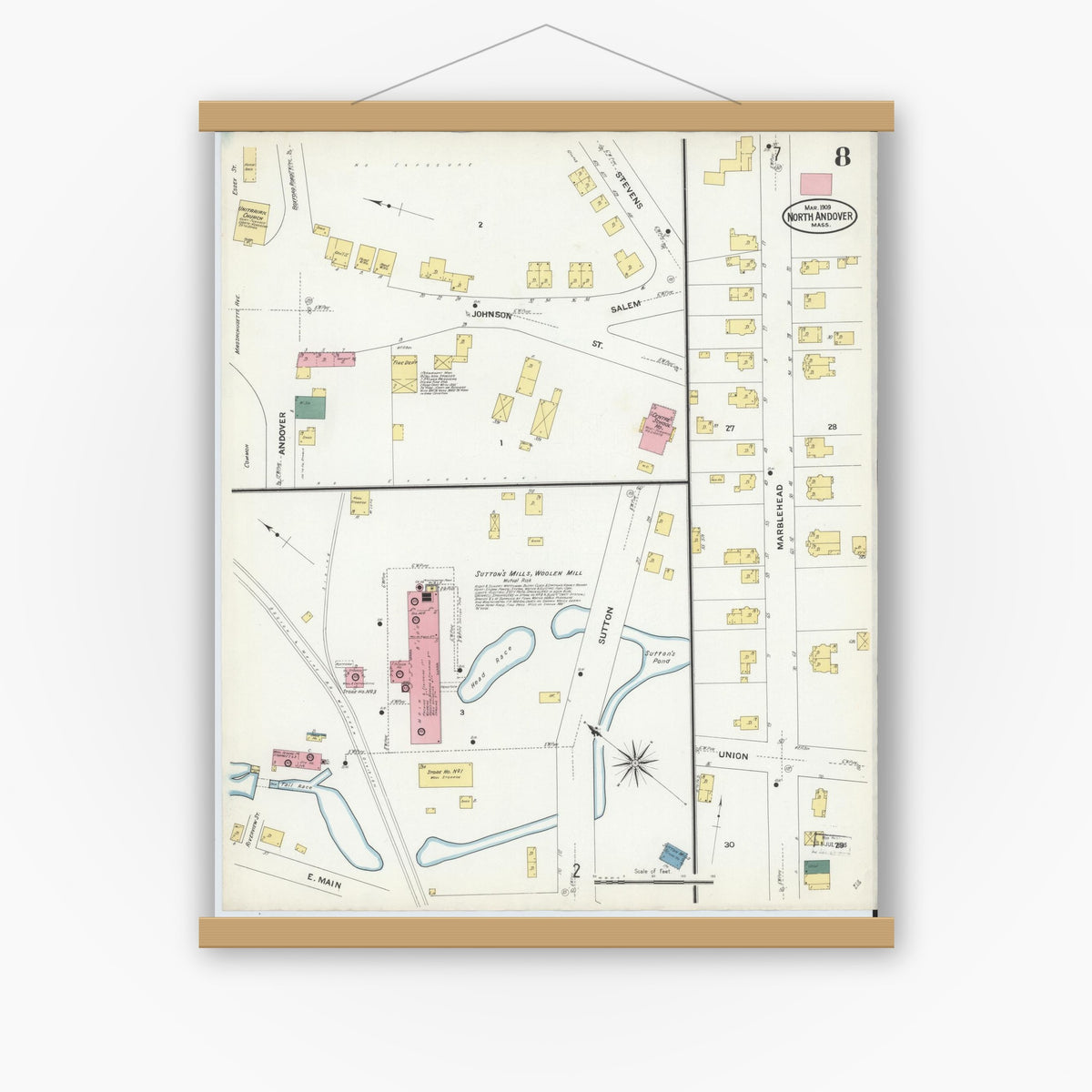 Old map wall art mockup — magnetic wood frame on white wall — Sanborn Fire Insurance Map from North Andover, Essex County, Massachusetts (1909), Sheet #0008