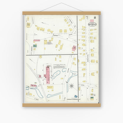 Old map wall art mockup — magnetic wood frame on white wall — Sanborn Fire Insurance Map from North Andover, Essex County, Massachusetts (1909), Sheet #0008