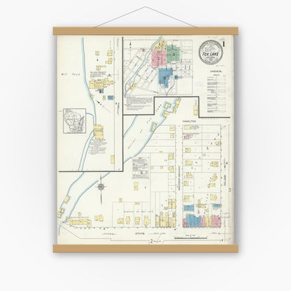 Old map wall art mockup — magnetic wood frame on white wall — Sanborn Fire Insurance Map from Fox Lake, Dodge County, Wisconsin (1913) - Complete Map Set