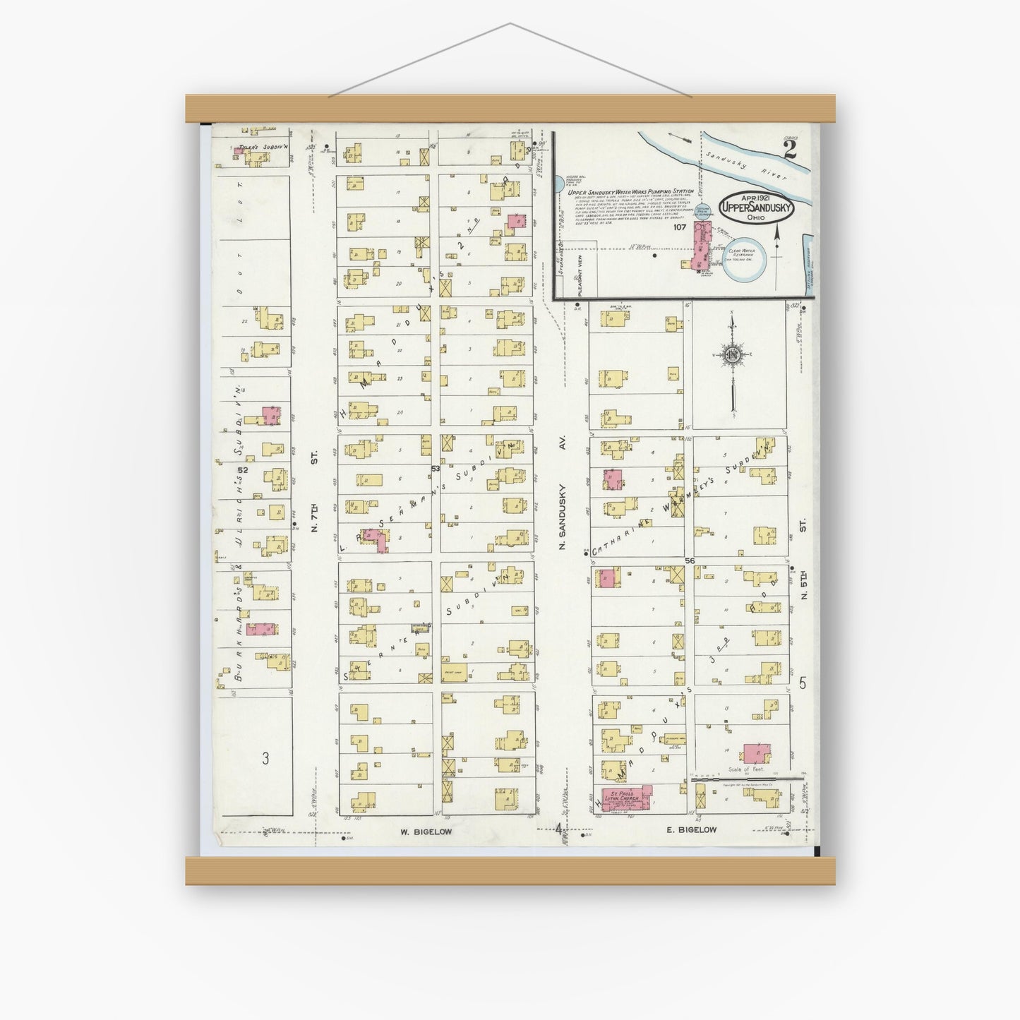 Old map wall art mockup — magnetic wood frame on white wall — Sanborn Fire Insurance Map from Upper Sandusky, Wyandot County, Ohio (1921), Sheet #0002