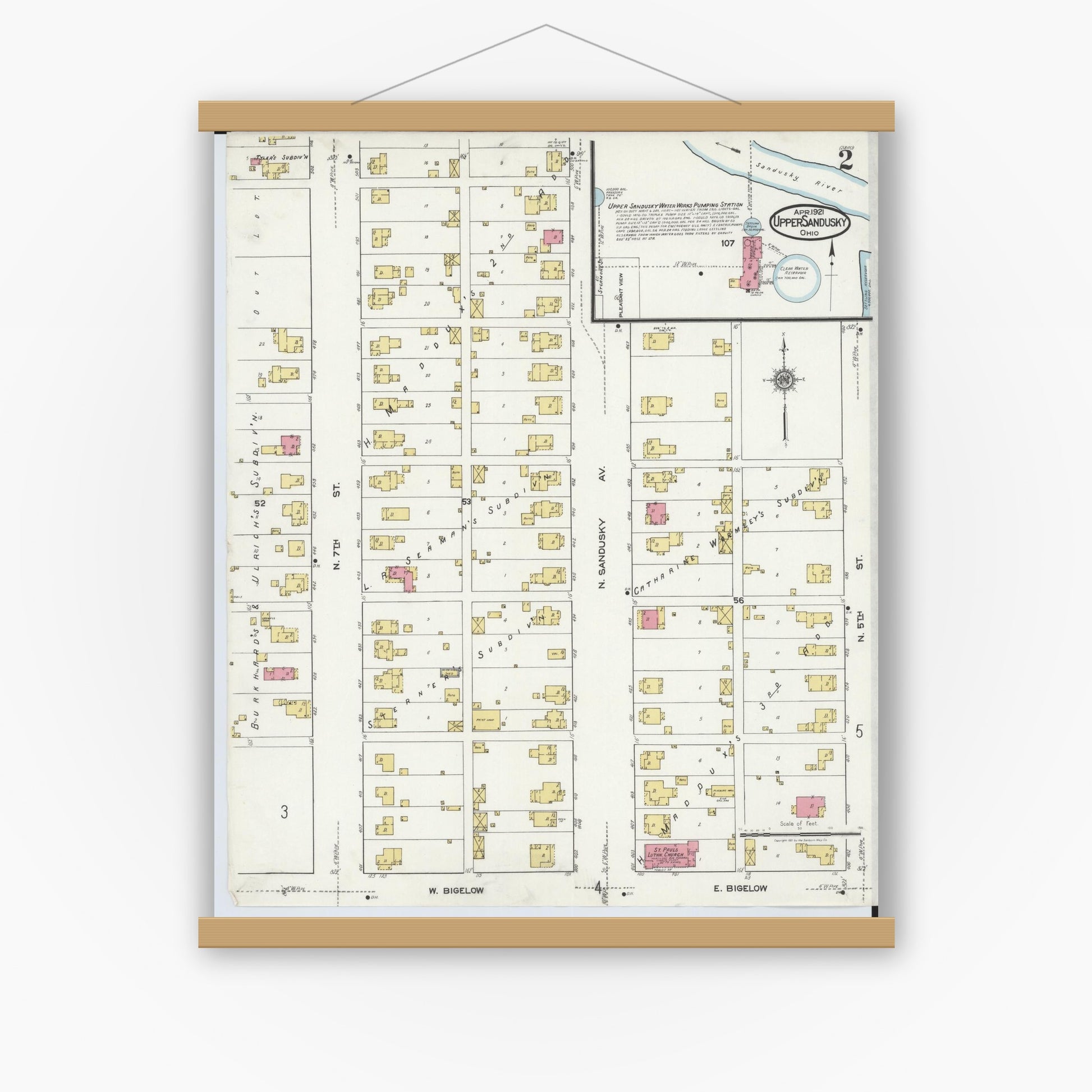 Old map wall art mockup — magnetic wood frame on white wall — Sanborn Fire Insurance Map from Upper Sandusky, Wyandot County, Ohio (1921), Sheet #0002