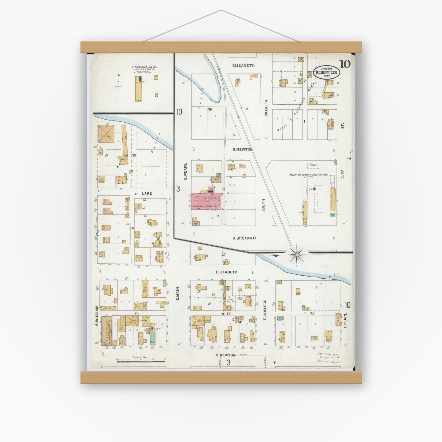 Old map wall art mockup — magnetic wood frame on white wall — Sanborn Fire Insurance Map from Albert Lea, Freeborn County, Minnesota (1899), Sheet #0010