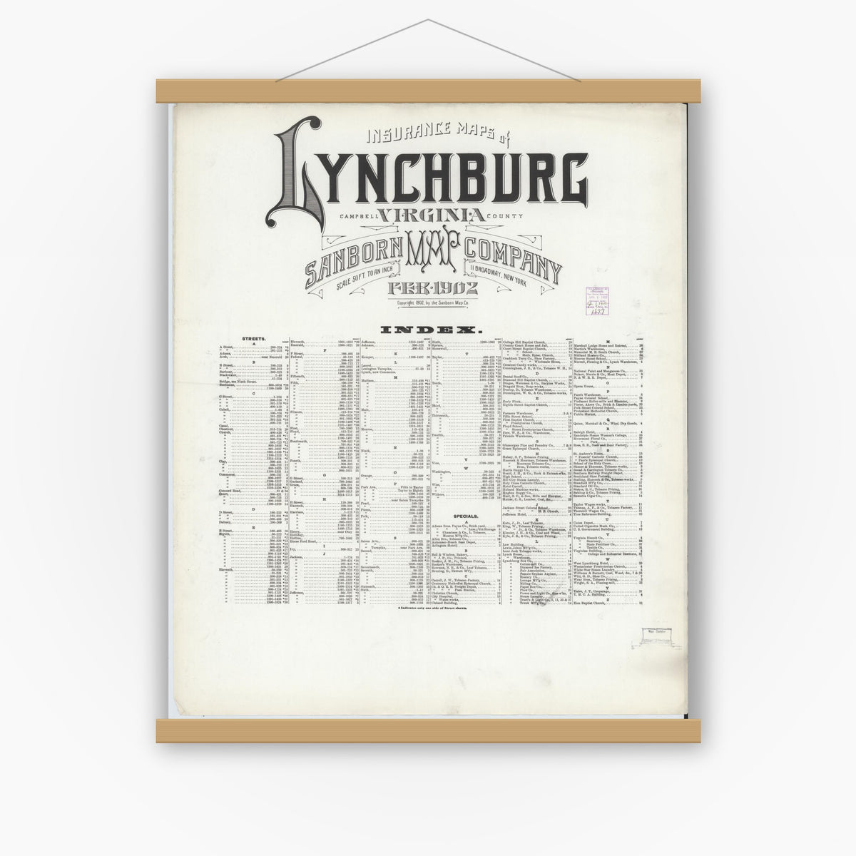 Old map wall art mockup — magnetic wood frame on white wall — Sanborn Fire Insurance Map from Lynchburg, Independent Cities, Virginia (1902), Sheet #0001