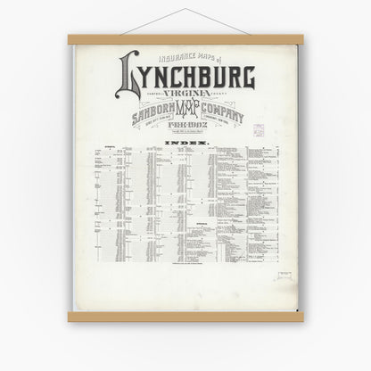 Old map wall art mockup — magnetic wood frame on white wall — Sanborn Fire Insurance Map from Lynchburg, Independent Cities, Virginia (1902), Sheet #0001