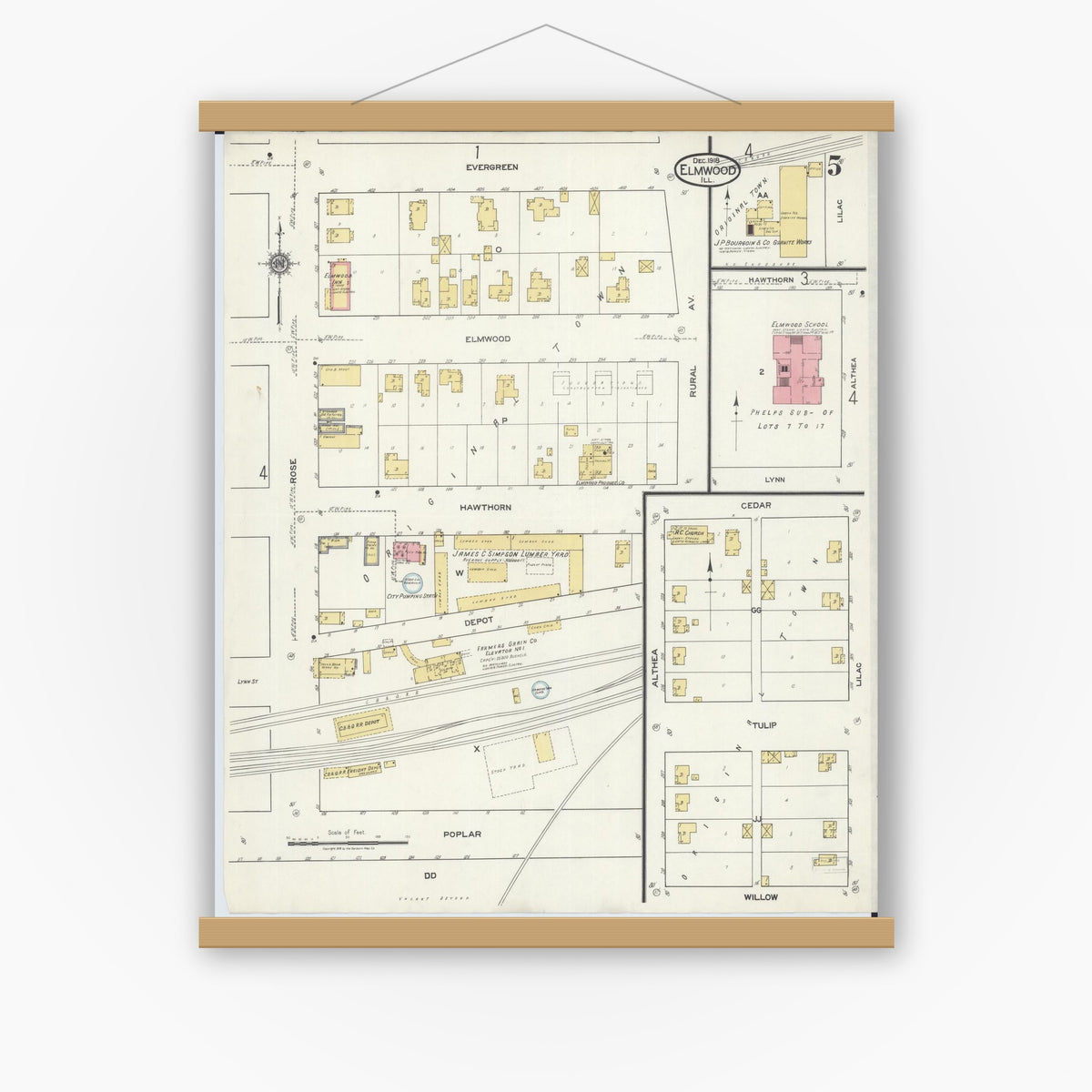 Old map wall art mockup — magnetic wood frame on white wall — Sanborn Fire Insurance Map from Elmwood, Peoria County, Illinois (1918), Sheet #0005