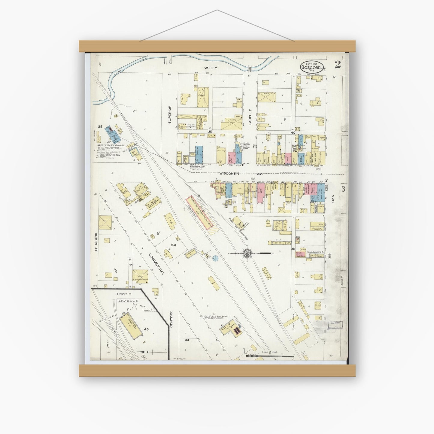 Old map wall art mockup — magnetic wood frame on white wall — Sanborn Fire Insurance Map from Boscobel, Grant County, Wisconsin (1912), Sheet #0002