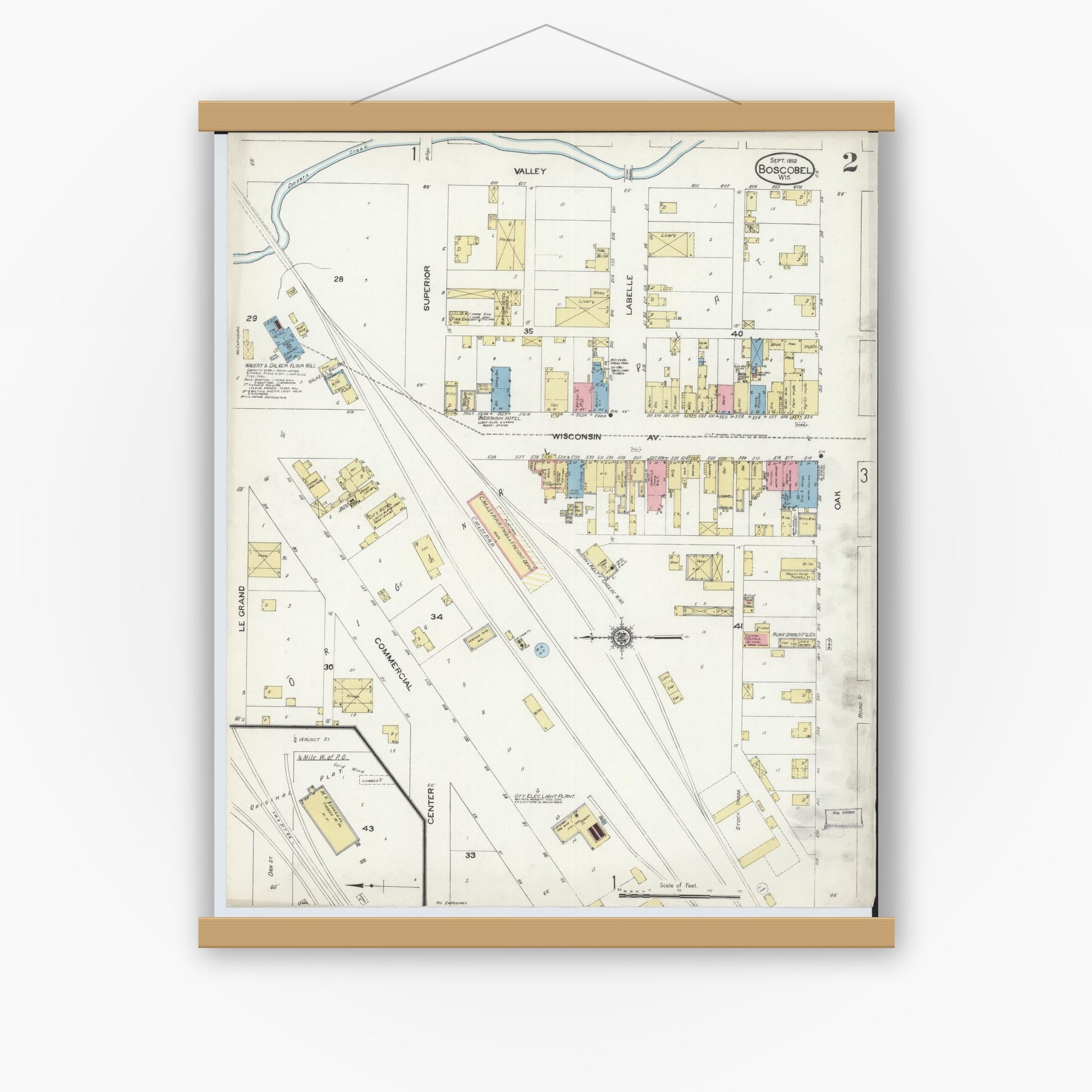 Old map wall art mockup — magnetic wood frame on white wall — Sanborn Fire Insurance Map from Boscobel, Grant County, Wisconsin (1912), Sheet #0002