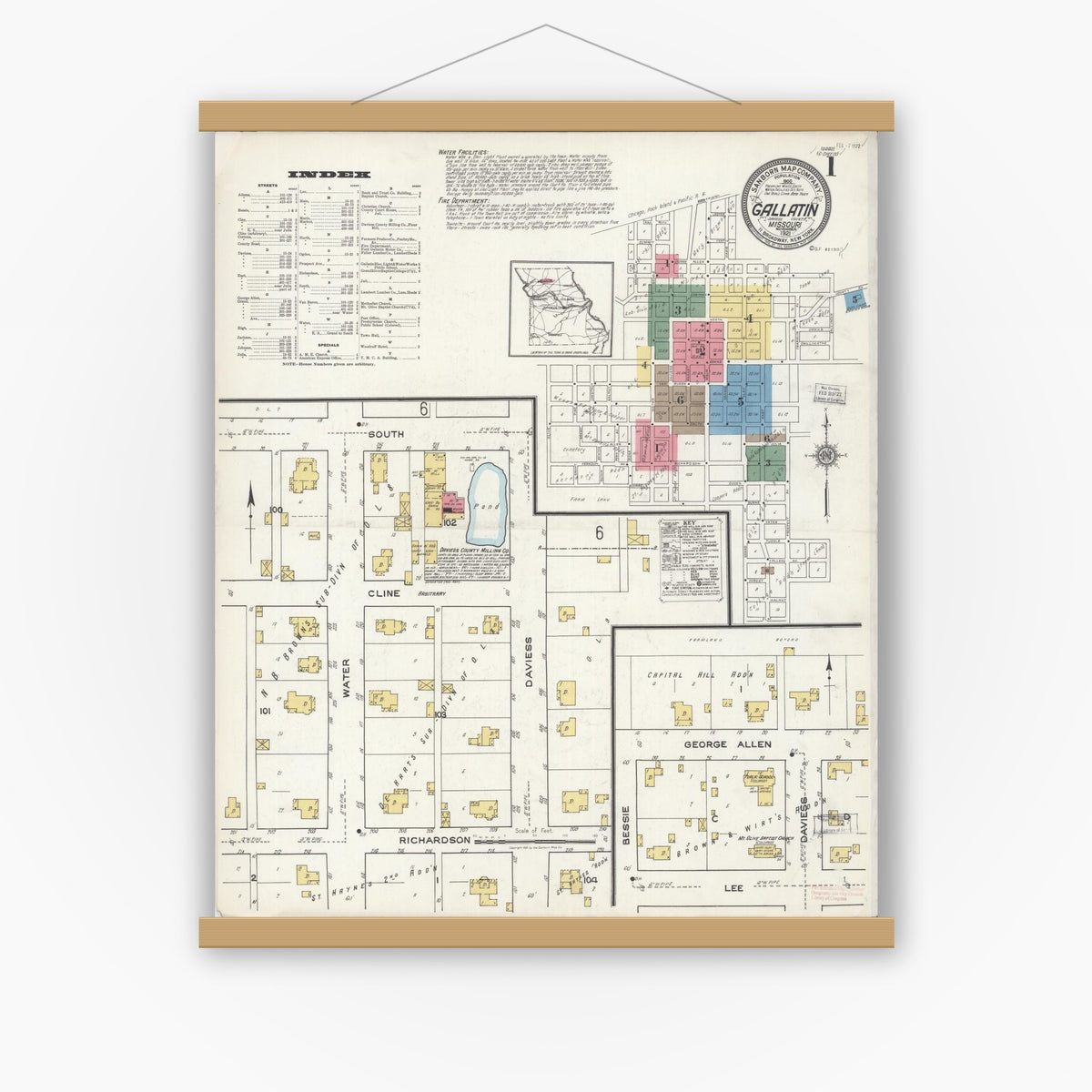 Old map wall art mockup — magnetic wood frame on white wall — Sanborn Fire Insurance Map from Gallatin, Daviess County, Missouri (1921), Sheet #0001