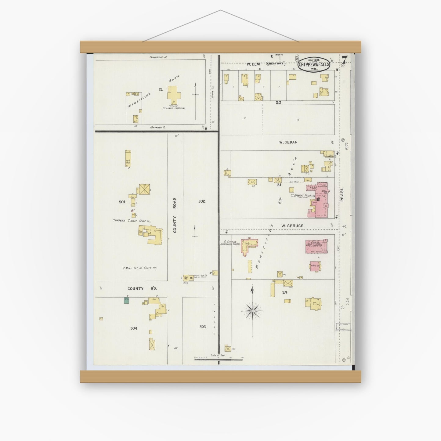 Old map wall art mockup — magnetic wood frame on white wall — Sanborn Fire Insurance Map from Chippewa Falls, Chippewa County, Wisconsin (1895), Sheet #0007