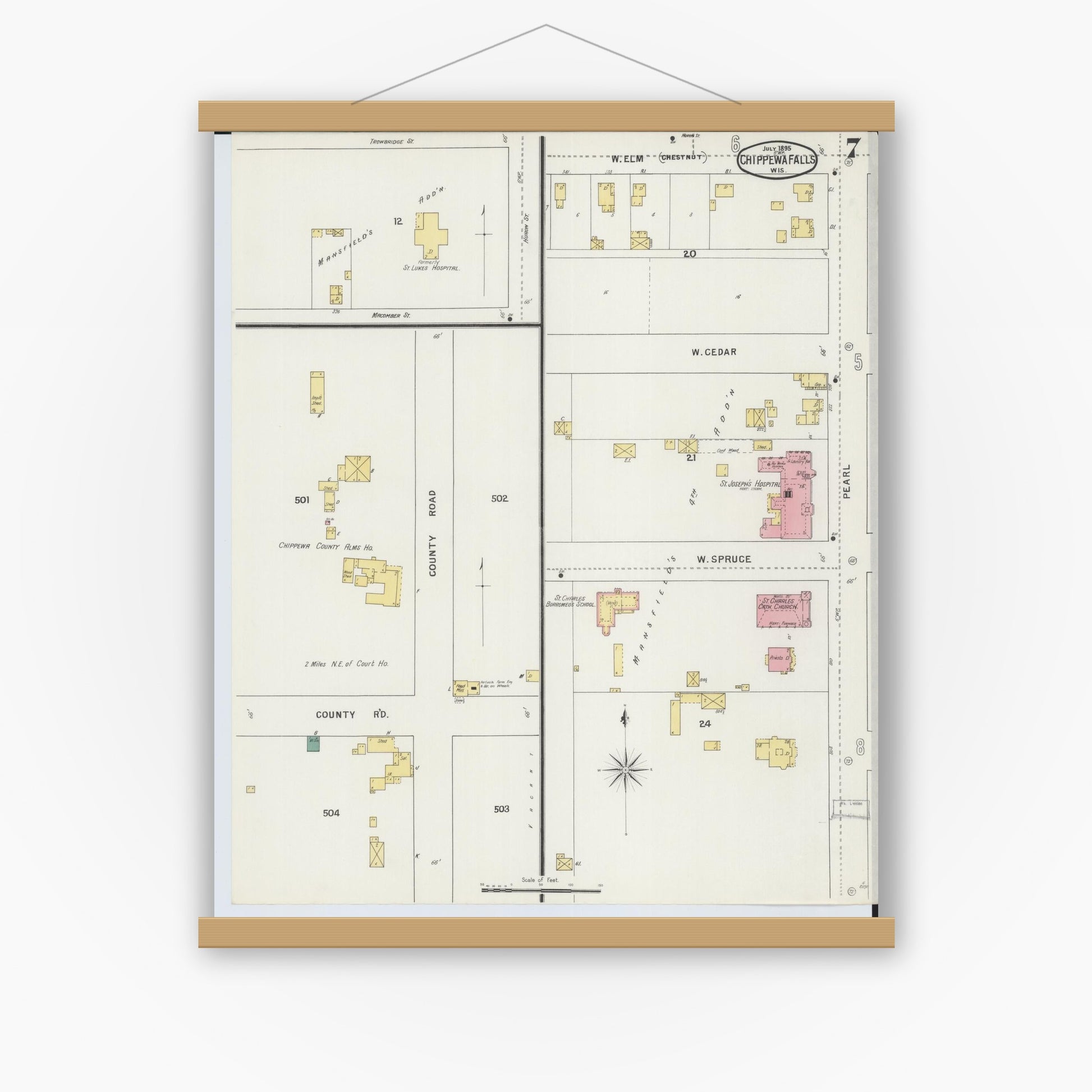 Old map wall art mockup — magnetic wood frame on white wall — Sanborn Fire Insurance Map from Chippewa Falls, Chippewa County, Wisconsin (1895), Sheet #0007