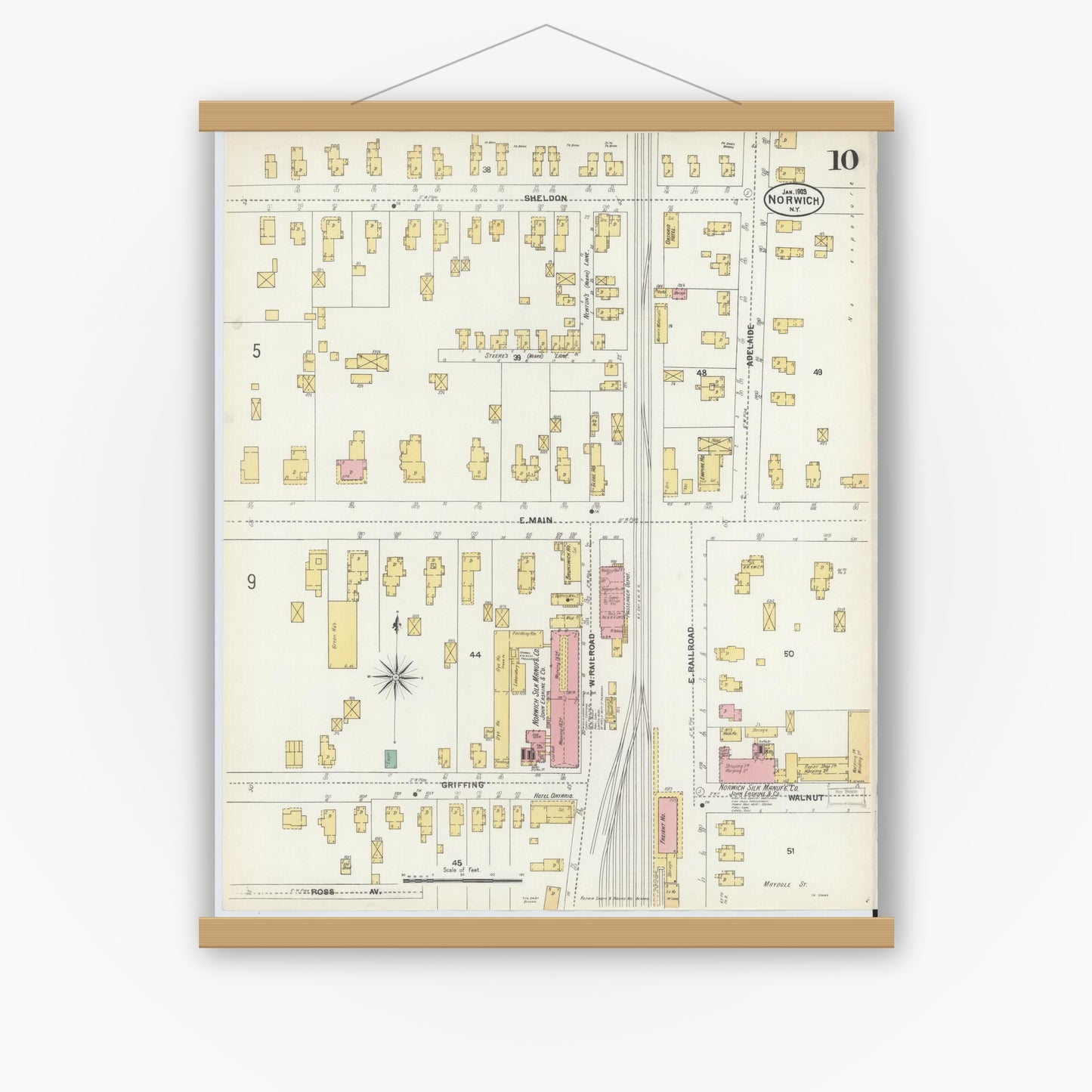 Old map wall art mockup — magnetic wood frame on white wall — Sanborn Fire Insurance Map from Norwich, Chenango County, New York (1903), Sheet #0010