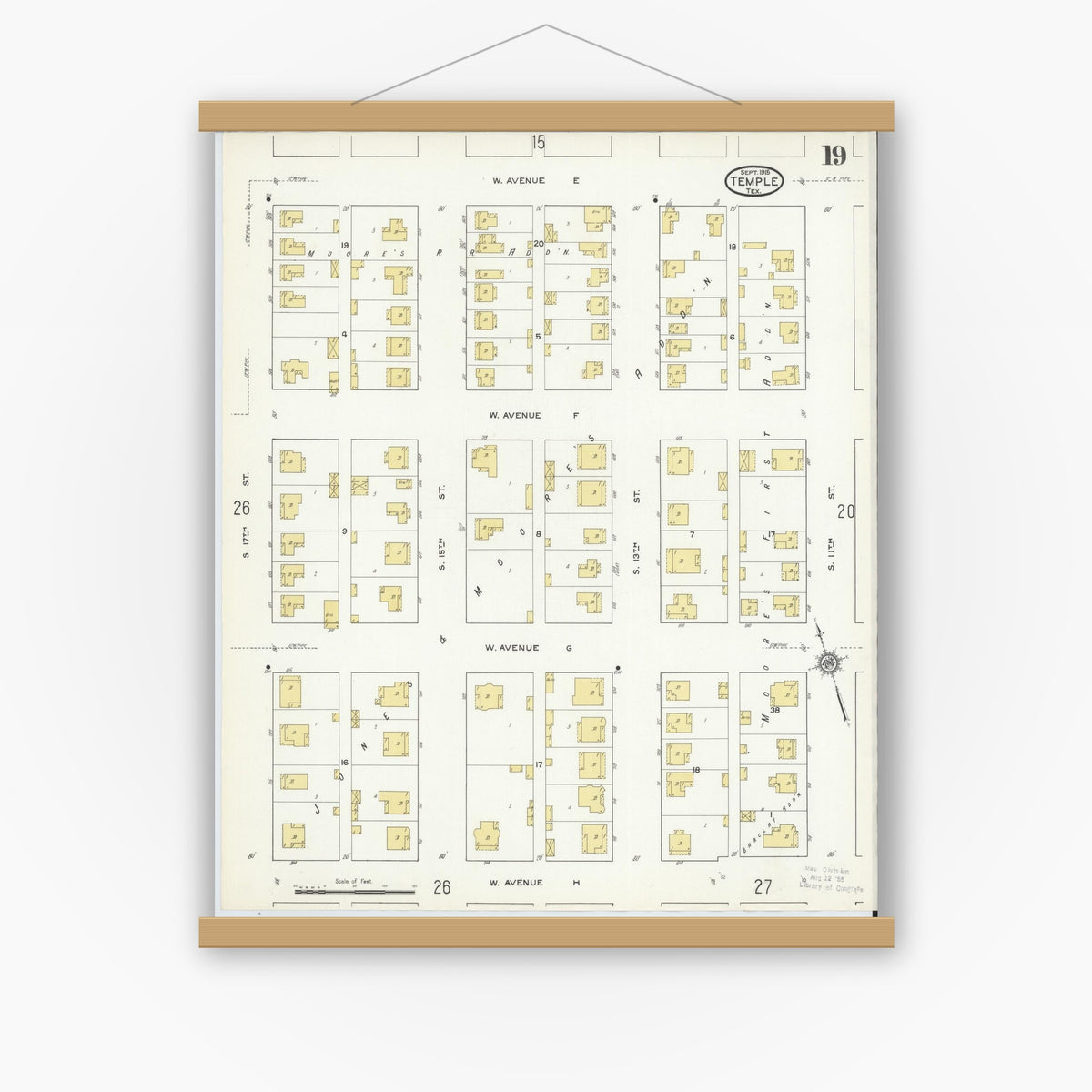 Old map wall art mockup — magnetic wood frame on white wall — Sanborn Fire Insurance Map from Temple, Bell County, Texas (1915), Sheet #0019