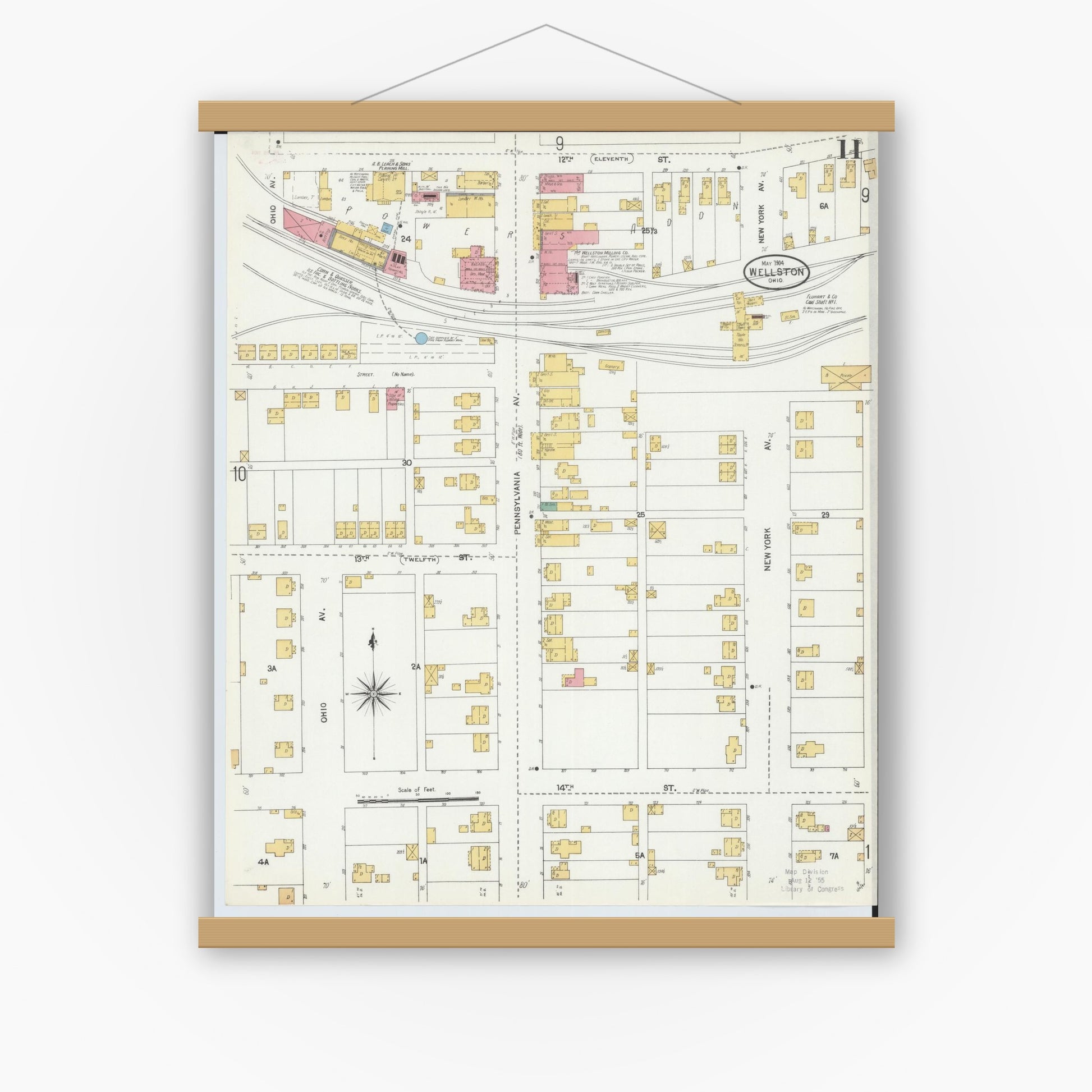 Old map wall art mockup — magnetic wood frame on white wall — Sanborn Fire Insurance Map from Wellston, Jackson County, Ohio (1904), Sheet #0011