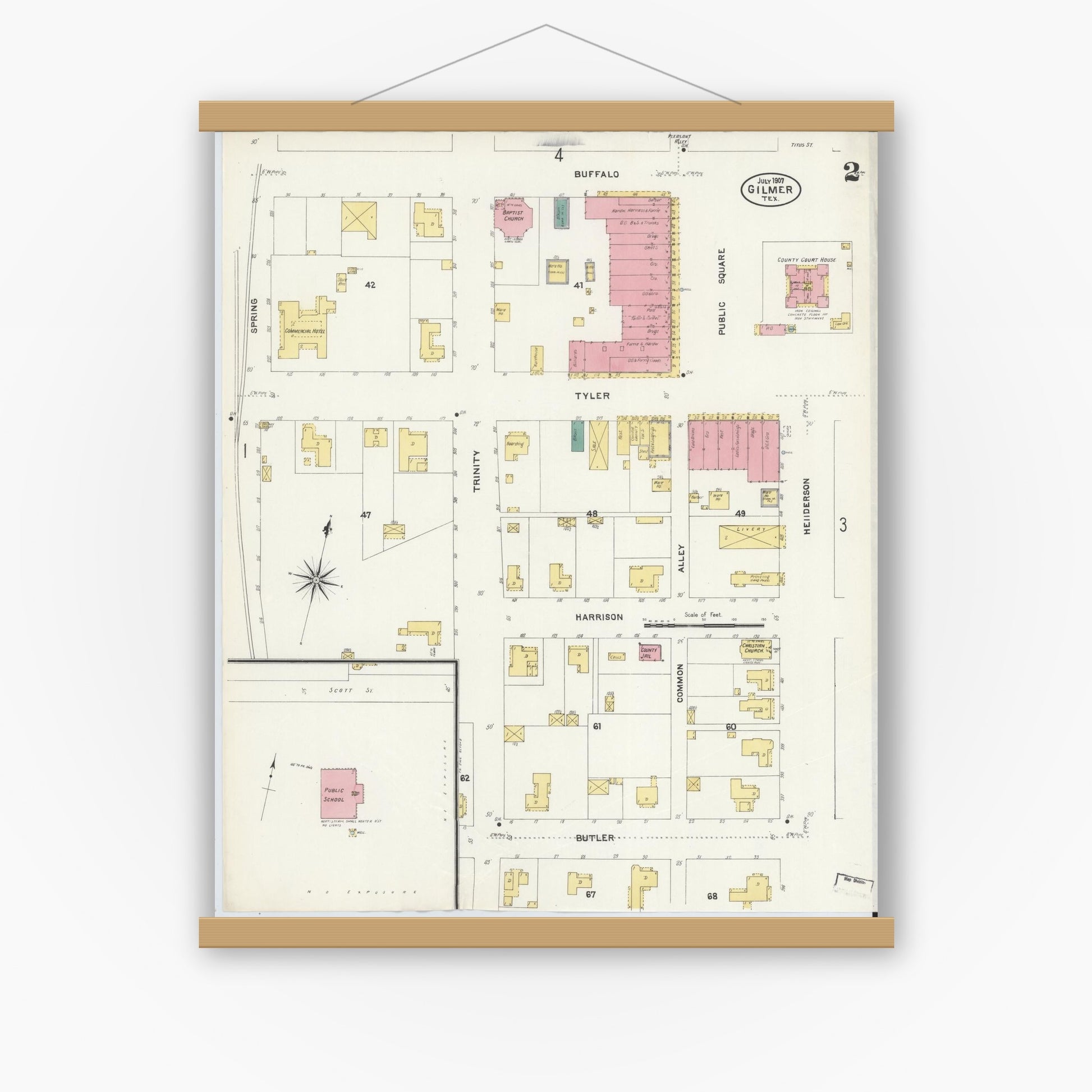 Old map wall art mockup — magnetic wood frame on white wall — Sanborn Fire Insurance Map from Gilmer, Upshur County, Texas (1907), Sheet #0002