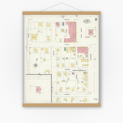 Old map wall art mockup — magnetic wood frame on white wall — Sanborn Fire Insurance Map from Gilmer, Upshur County, Texas (1907), Sheet #0002