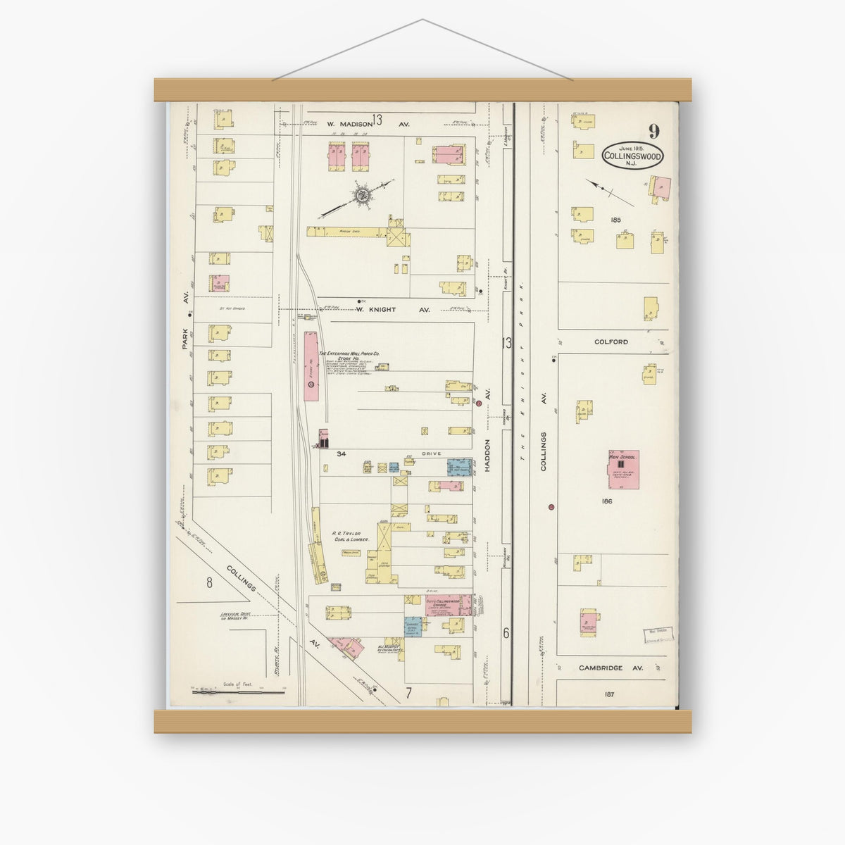 Old map wall art mockup — magnetic wood frame on white wall — Sanborn Fire Insurance Map from Collingswood, Camden County, New Jersey (1915), Sheet #0009
