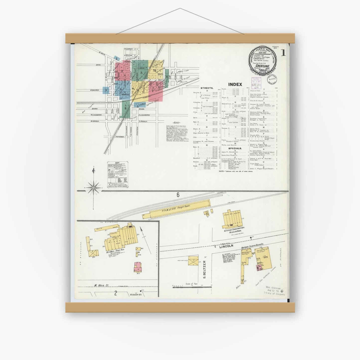 Old map wall art mockup — magnetic wood frame on white wall — Sanborn Fire Insurance Map from Crestline, Crawford County, Ohio (1901), Sheet #0001