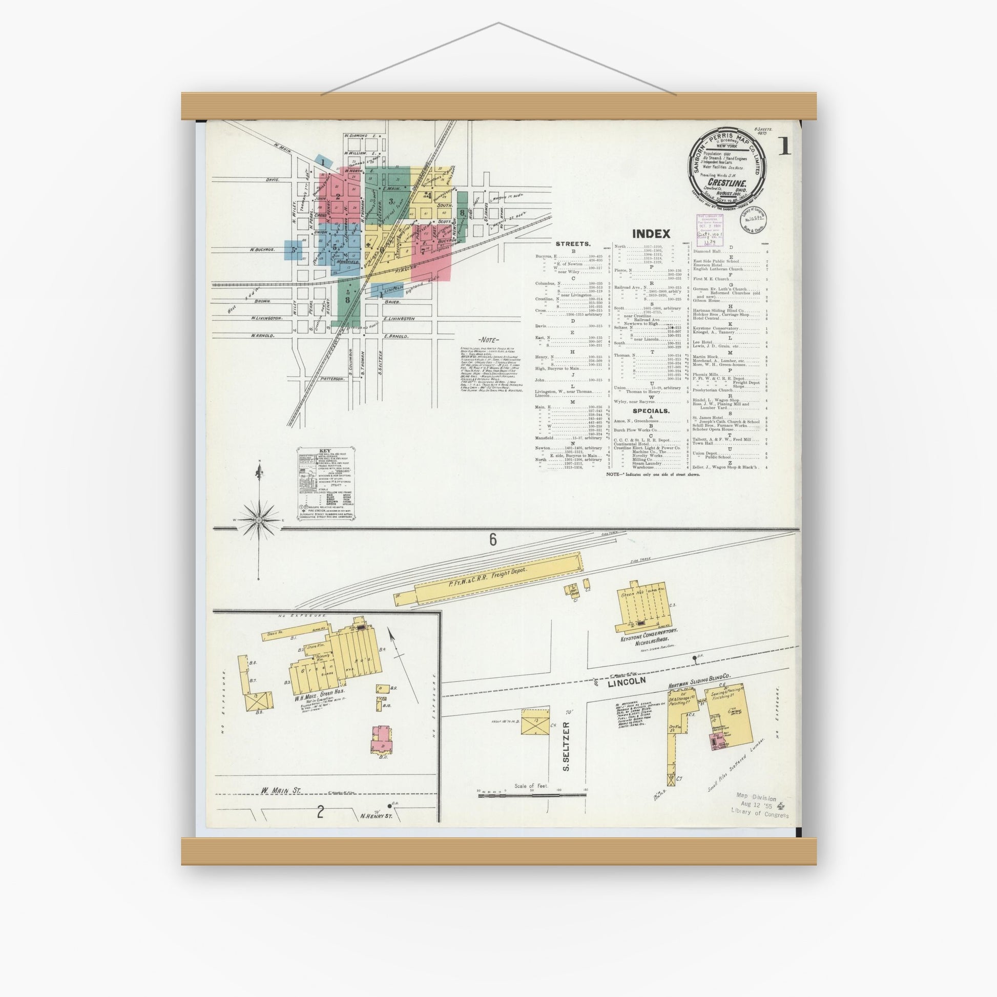 Old map wall art mockup — magnetic wood frame on white wall — Sanborn Fire Insurance Map from Crestline, Crawford County, Ohio (1901), Sheet #0001