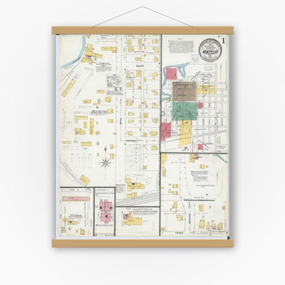 Old map wall art mockup — magnetic wood frame on white wall — Sanborn Fire Insurance Map from Montpelier, Williams County, Ohio (1905), Sheet #0001