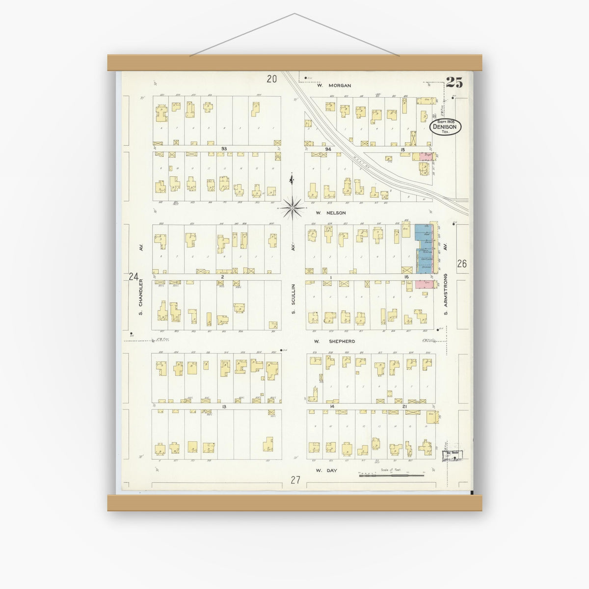 Old map wall art mockup — magnetic wood frame on white wall — Sanborn Fire Insurance Map from Denison, Grayson County, Texas (1908), Sheet #0025