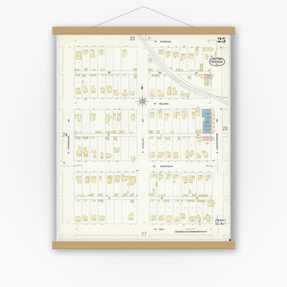 Old map wall art mockup — magnetic wood frame on white wall — Sanborn Fire Insurance Map from Denison, Grayson County, Texas (1908), Sheet #0025