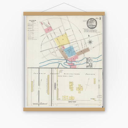 Old map wall art mockup — magnetic wood frame on white wall — Sanborn Fire Insurance Map from Riverhead, Suffolk County, New York (1891), Sheet #0001