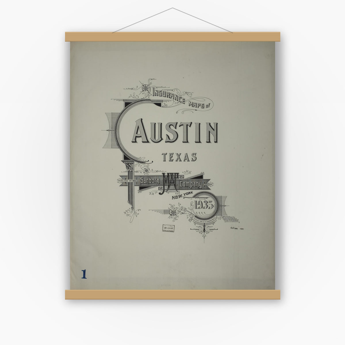 Old map wall art mockup — magnetic wood frame on white wall — Sanborn Fire Insurance Map from Austin, Travis County, Texas (1935), Sheet #0001