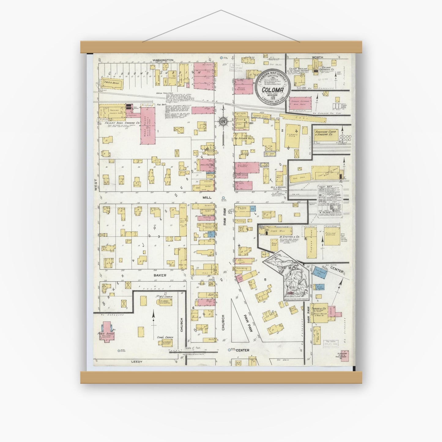 Old map wall art mockup — magnetic wood frame on white wall — Sanborn Fire Insurance Map from Coloma, Berrien County, Michigan (1918), Sheet #0001